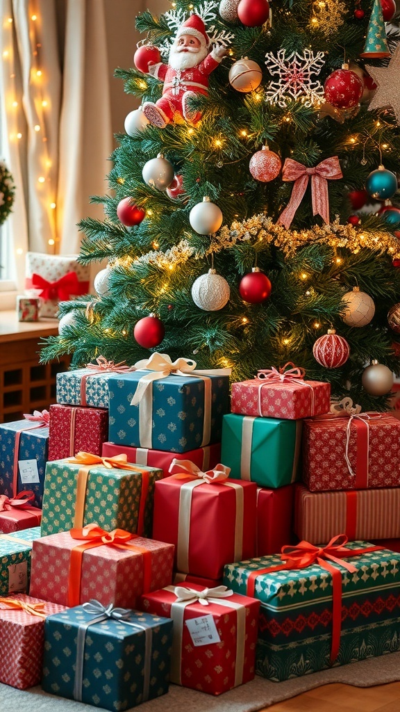A colorful assortment of wrapped Christmas gifts under a tree, creating a festive holiday scene.
